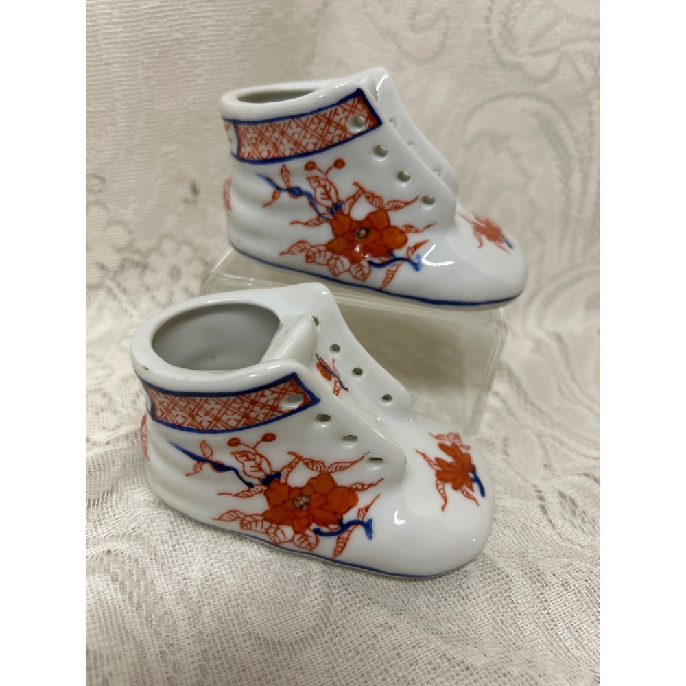 Vintage Chinese Porcelain Baby Shoe Figurines Hand Painted Floral Set of 2